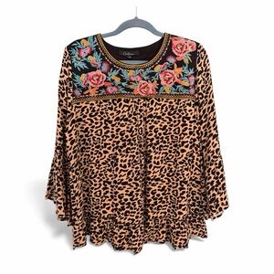 CALESSA M Floral Embroidered Leopard Print Peasant Boho Top